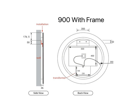 Round LED Mirror Touchless Switch with Demister 700mm / 900mm - Frameless / With Frame