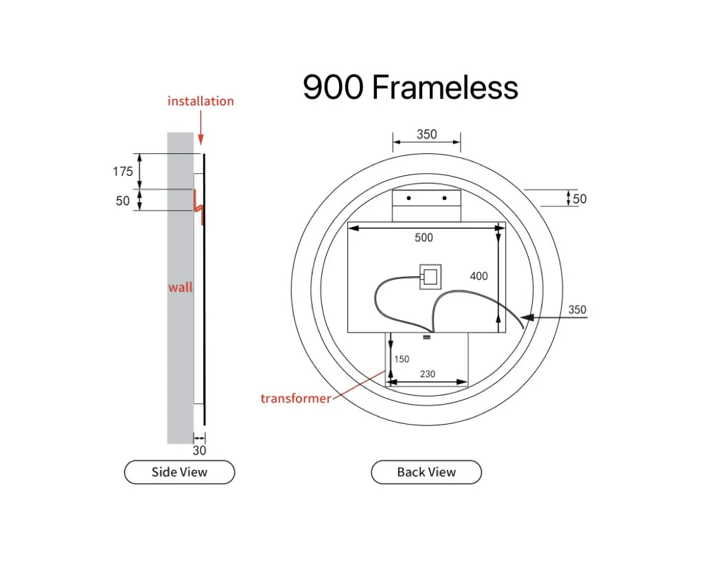 Round LED Mirror Touchless Switch with Demister 700mm / 900mm - Frameless / With Frame