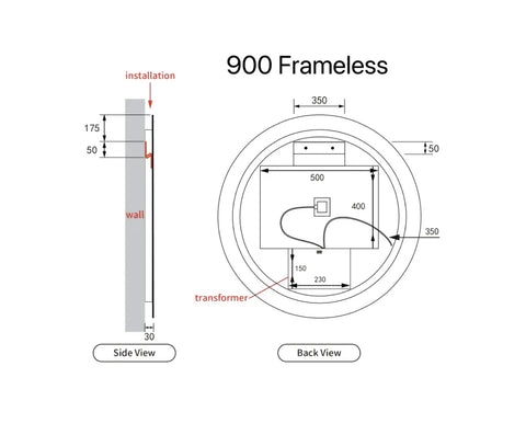 Round LED Mirror Touchless Switch with Demister 700mm / 900mm - Frameless / With Frame