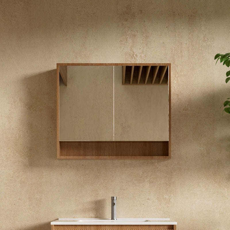 Timber Veneer Mirror Cabinet with Open Shelf Pencil Edge - 750/900/1200x750mm - Various Colours