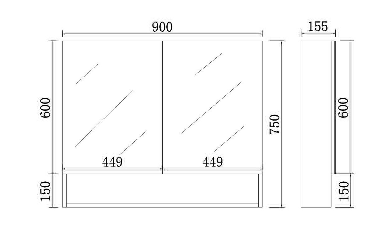Mirror Cabinet with Open Shelf Pencil Edge 600/750/900/1200/1480x750mm - Matte White
