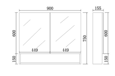 Mirror Cabinet with Open Shelf Pencil Edge 600/750/900/1200/1480x750mm - Matte White