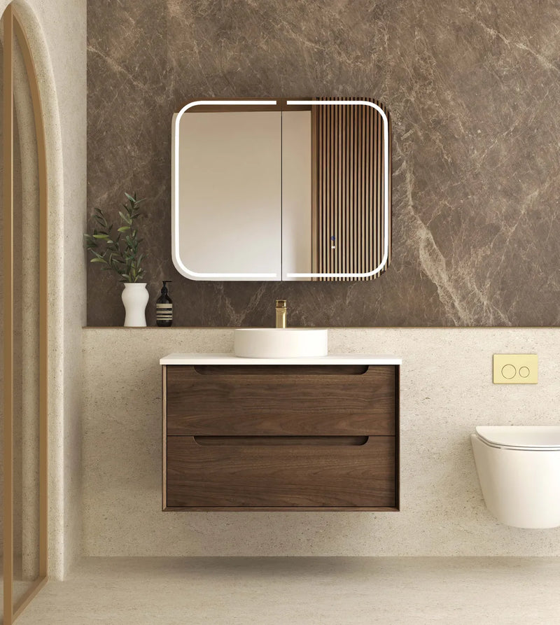 BV99WH Dark Walnut Fingerpull Wall Hung Vanity - 600 / 750 / 900 / 1200 / 1500mm