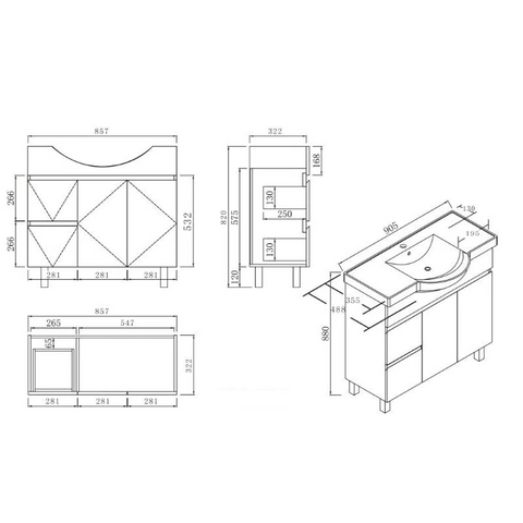 BV96 Gloss White Semi-Recessed Freestanding Vanity - 600 / 750 / 900mm