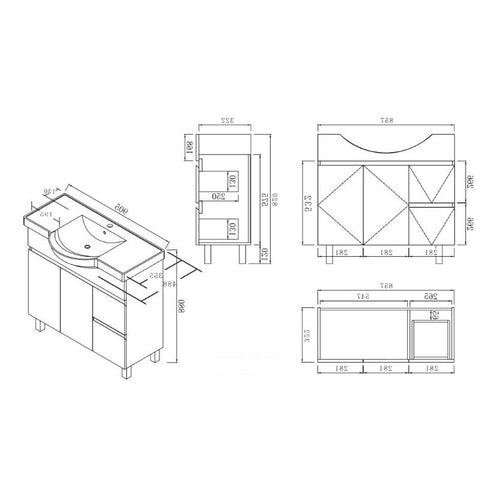 BV96 Gloss White Semi-Recessed Freestanding Vanity - 600 / 750 / 900mm