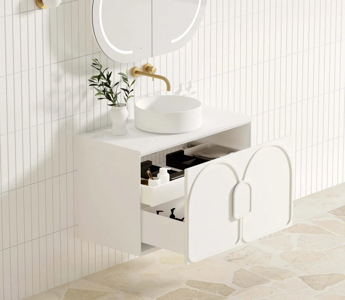 BV89WH Matte White with Stone handle Wall Hung Vanity - 600 / 750 / 900 / 1200 / 1500 / 1800mm