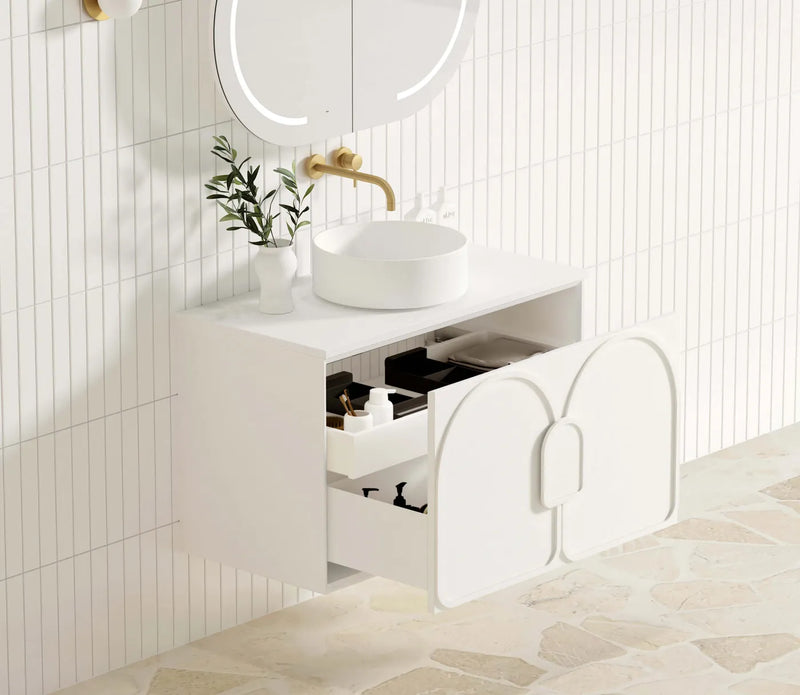 BV89WH Matte White with Stone handle Wall Hung Vanity - 600 / 750 / 900 / 1200 / 1500 / 1800mm