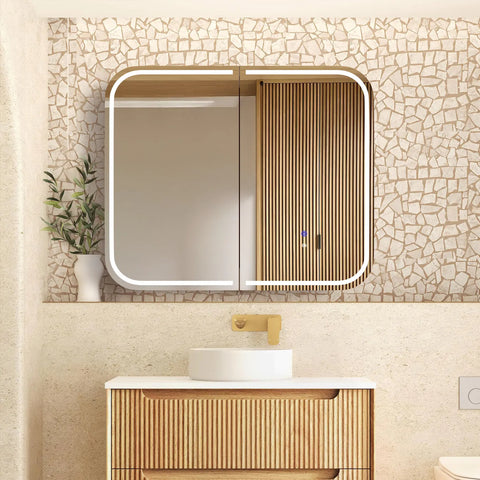 Soft Square LED Mirror Cabinet 450/900/1200/1500x750mm - Matte White / Natural Oak / Black Oak