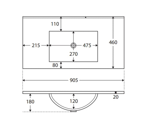 Standard - Gloss White Rectangle Bowl 465mm Depth Ceramic Vanity Top (No Tap Hole) - Various Sizes
