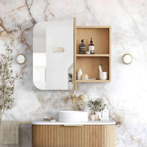 Soft Square Mirror Cabinet Pencil Edge 900/1200/1500/1800mm - Matte White / Natural Oak