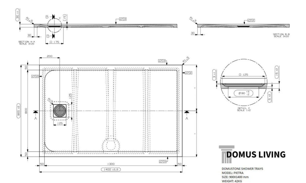 Pietra Stone Texture Shower Floor (European Made) - Various Colou  rs & Sizes
