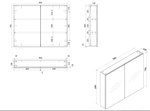 Mirror Cabinet Pencil Edge 600/750/900/1200mm - Various Colours