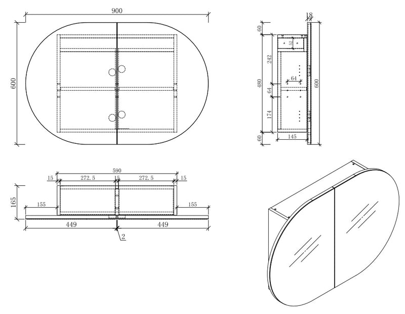 Oval Mirror Cabinet Pencil Edge 900x600 / 1200x600 / 1500x800mm - Timber Veneer