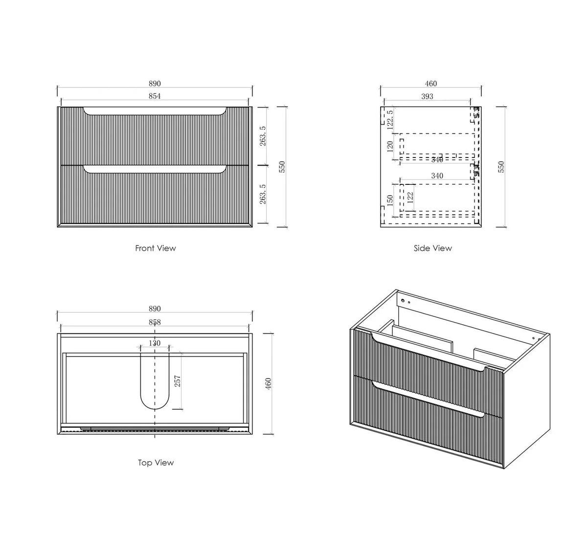 BV43WH Natural Oak Fluted Wall Hung Vanity - 600 / 750 / 900 / 1200 / 1500 / 1800mm