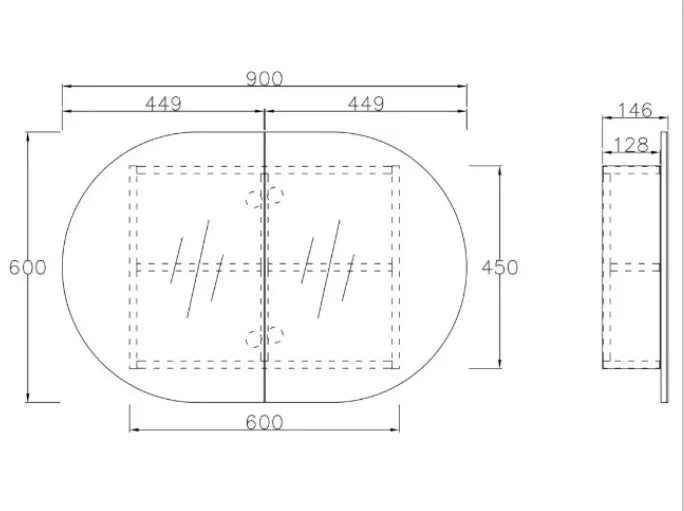 Oval Mirror Cabinet Pencil Edge 900x600 / 1200x750 / 1500x900mm - Various Colours