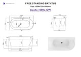Apollo Left Hand Corner Freestanding Bath 1500mm - Gloss White