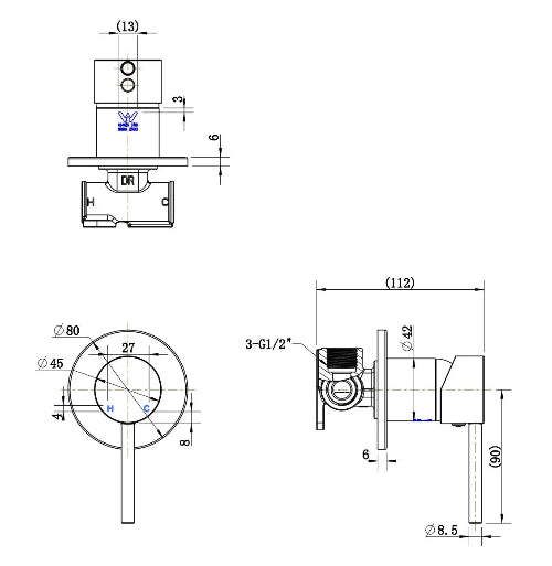 SM39 AS Round Shower/Bath Mixer (80mm backplate)- Various Colours