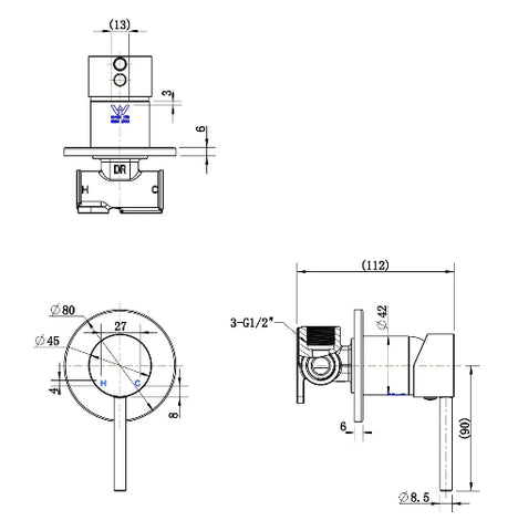 SM39 AS Round Shower/Bath Mixer (80mm backplate)- Various Colours