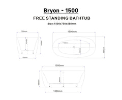 Bryon Oval Freestanding Bath with Overflow 1500mm - Gloss White