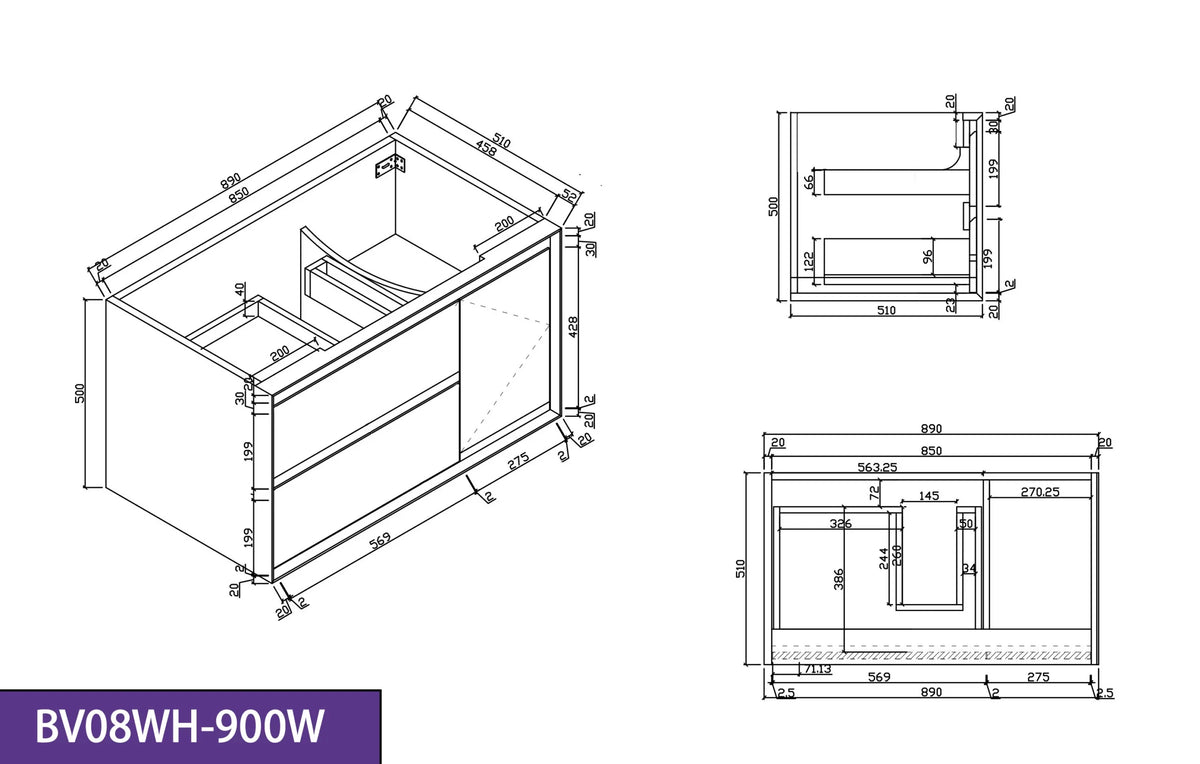 BV08WH Extra Deep (520mm) Matt White Fingerpull Wall Hung Vanity - 900 / 1200 / 1500mm