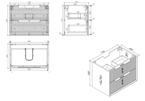 BV09WH Fluted Matte White Wall Hung Vanity - 750 / 900 / 1200 / 1500 (Single Bowl)/ 1500 (Double Bowls)