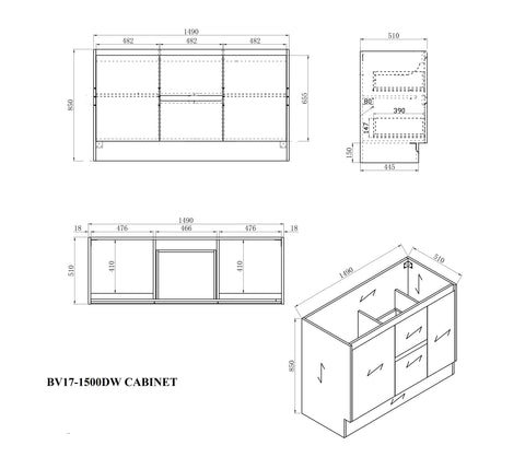 BV17 (520mm Depth) Woodgrain Fingerpull Freestanding Vanity - 1500x520mm