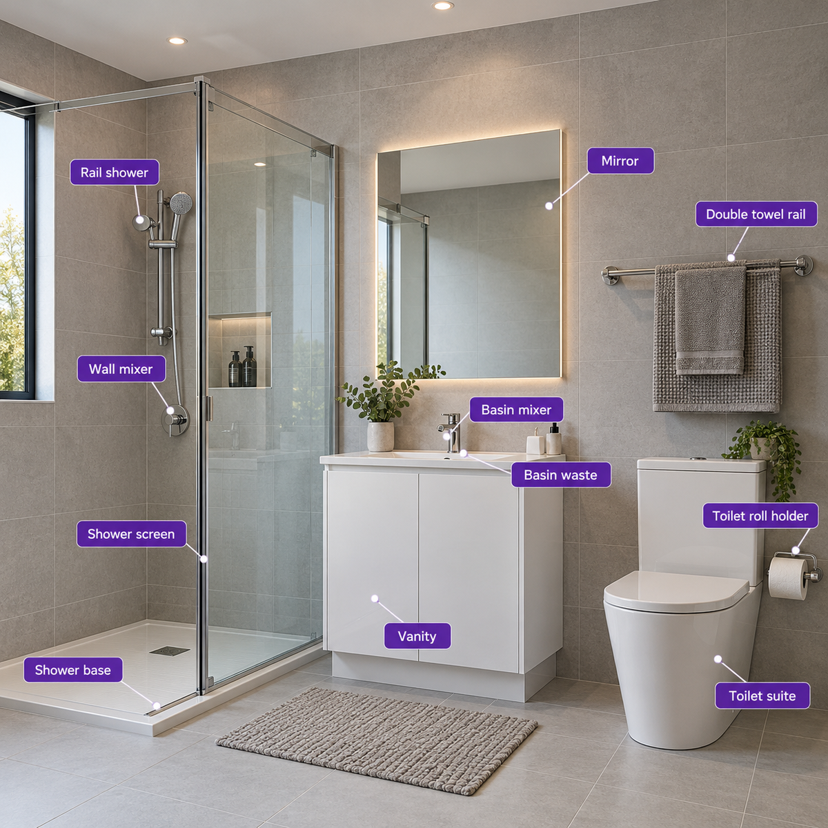 A modern bathroom interior with labeled callouts pointing to fixtures and surfaces, including a rail shower, shower base, shower screen, vanity, mirror, double towel rail, toilet roll holder, and toilet suite.