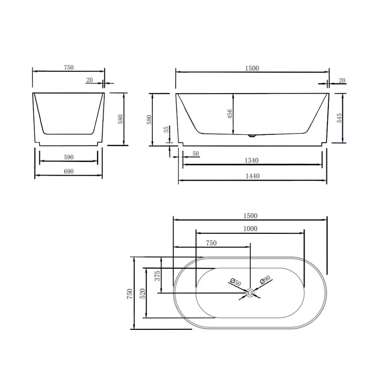 Oval Fluted Freestanding Bath 1500 / 1700mm - Matte White