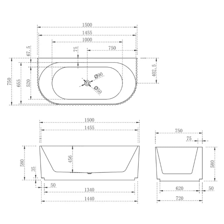 Oval Back to Wall Freestanding Bath 1500 / 1700mm - Gloss White