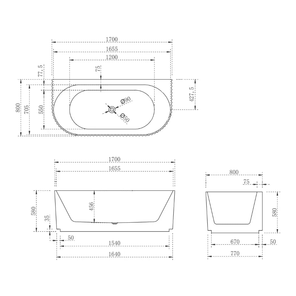 Oval Back to Wall Freestanding Bath 1500 / 1700mm - Matte White