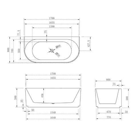 Oval Back to Wall Freestanding Bath 1500 / 1700mm - Gloss White