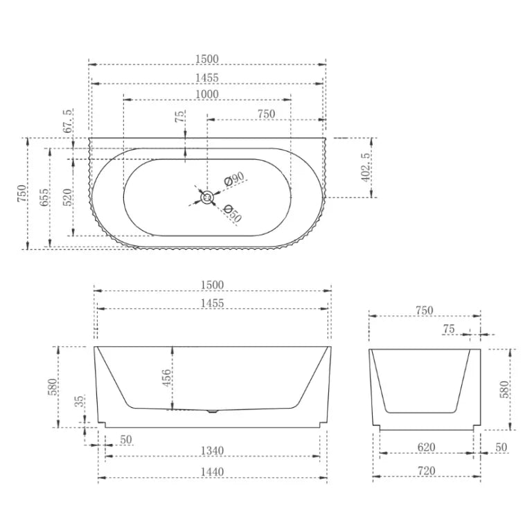 Oval Back to Wall Fluted Freestanding Bath 1500 / 1700mm - Matte Black