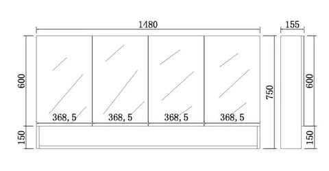 Mirror Cabinet with Open Shelf Pencil Edge 600/750/900/1200/1480x750mm - Matte White