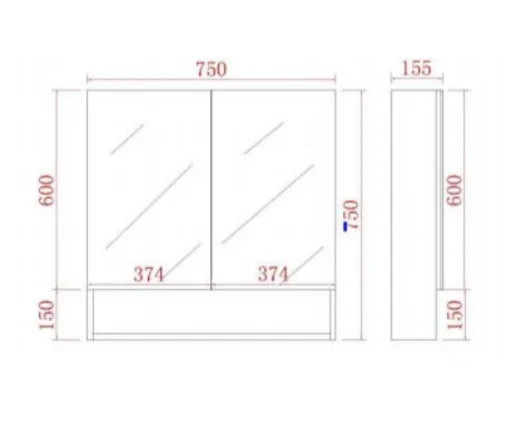 Mirror Cabinet with Open Shelf Pencil Edge 600/750/900/1200/1480x750mm - Matte Black