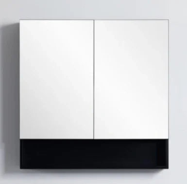 Mirror Cabinet with Open Shelf Pencil Edge 750x750mm - Matte Black (Floor Display Clearance)