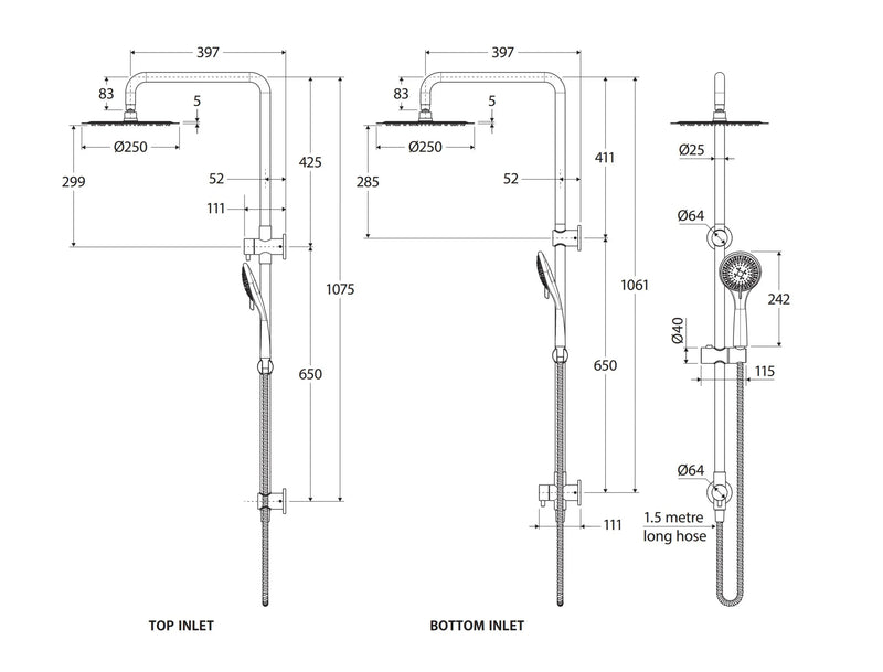 Round Dual Shower Rail with Universal Water Inlet - Chrome