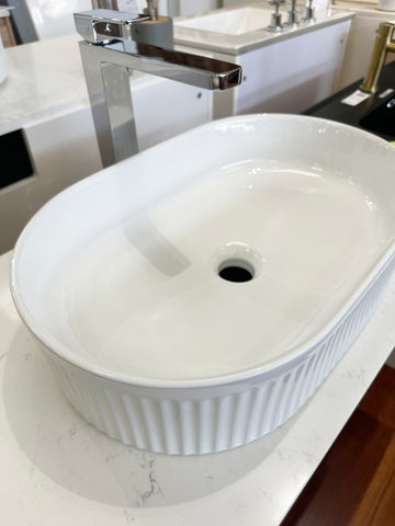 BM93 Above Counter Gloss White Ceramic Basin. 490x315x130mm
