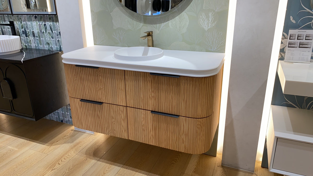 BV75 Plywood Fluted Walnut Wall Hung Curve Vanity - 600 / 750 / 900 / 1200 / 1500 / 1800mm