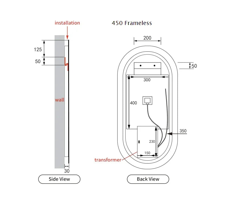 Pill Shape LED Mirror Touchless switch with Demister 450x900mm - Frameless / with Frame