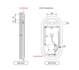 Pill Shape LED Mirror Touchless switch with Demister 450x900mm - Frameless / with Frame