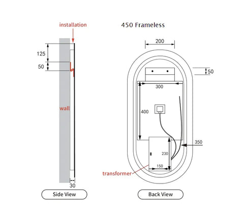 Pill Shape LED Mirror Touchless switch with Demister 450x900mm - Frameless / with Frame