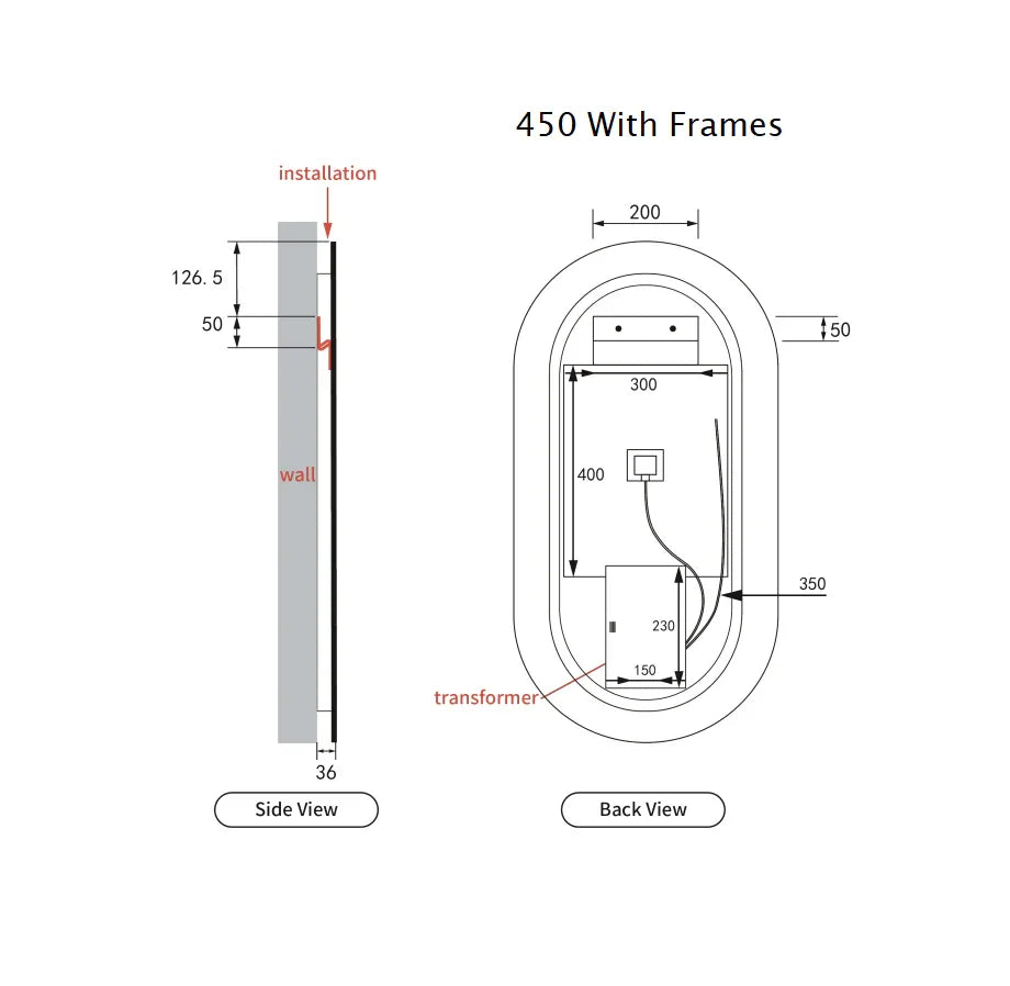 Pill Shape LED Mirror Touchless switch with Demister 450x900mm - Frameless / with Frame