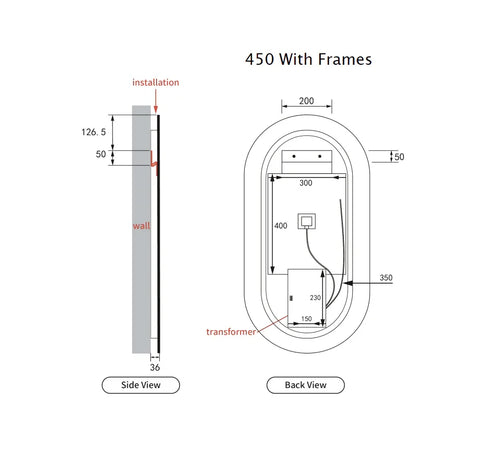 Pill Shape LED Mirror Touchless switch with Demister 450x900mm - Frameless / with Frame