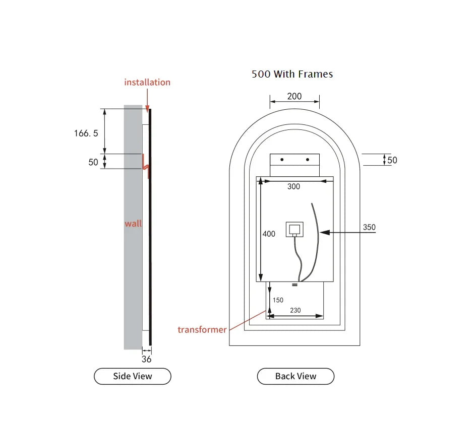 Arched Shape LED Mirror Touchless switch with Demister 500x900mm - Frameless / with Frame