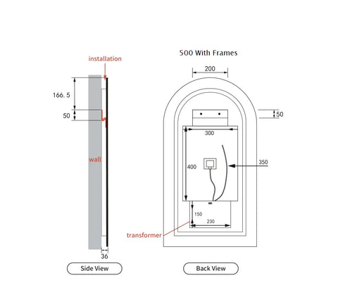 Arched Shape LED Mirror Touchless switch with Demister 500x900mm - Frameless / with Frame