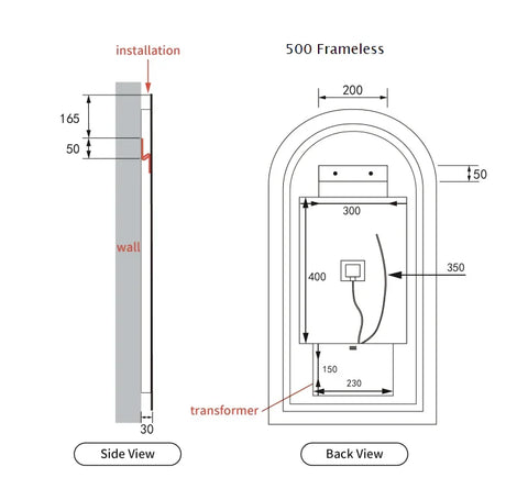 Arched Shape LED Mirror Touchless switch with Demister 500x900mm - Frameless / with Frame