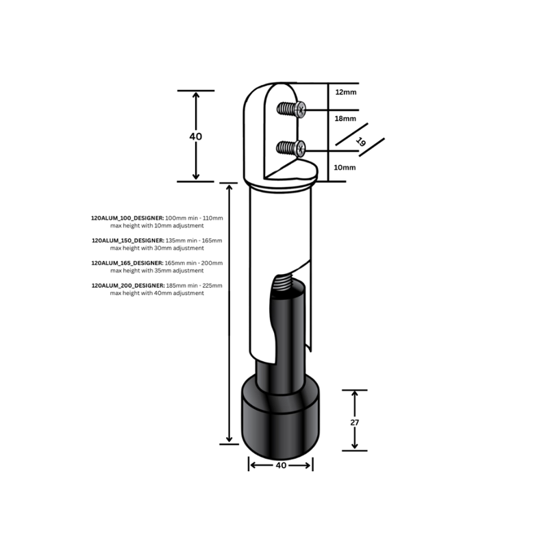 150mm Heavy Duty Aluminium Leg in Designer Black - 120ALUM_150_DESIGNER
