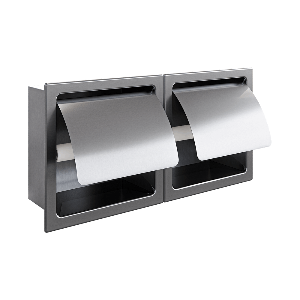 Recessed Double Toilet Roll Holder with Hood in Satin Stainless Steel - ML263_S