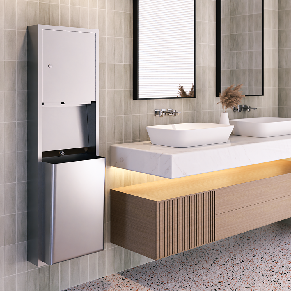Surface Mounted Paper Towel Dispenser & Waste Receptacle in Satin Stainless Steel - ML705_SM_MK2