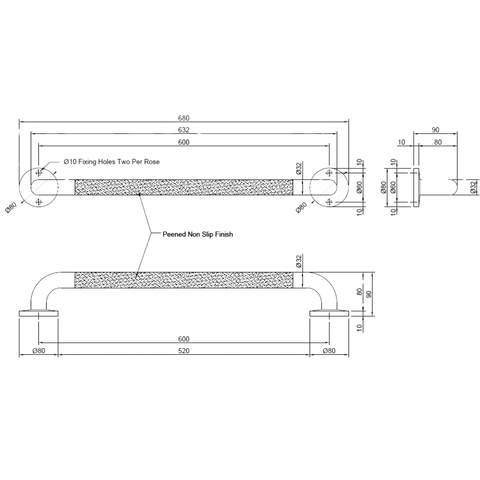 600mm Straight Grab Rail - Peened - MLR331_PEEN